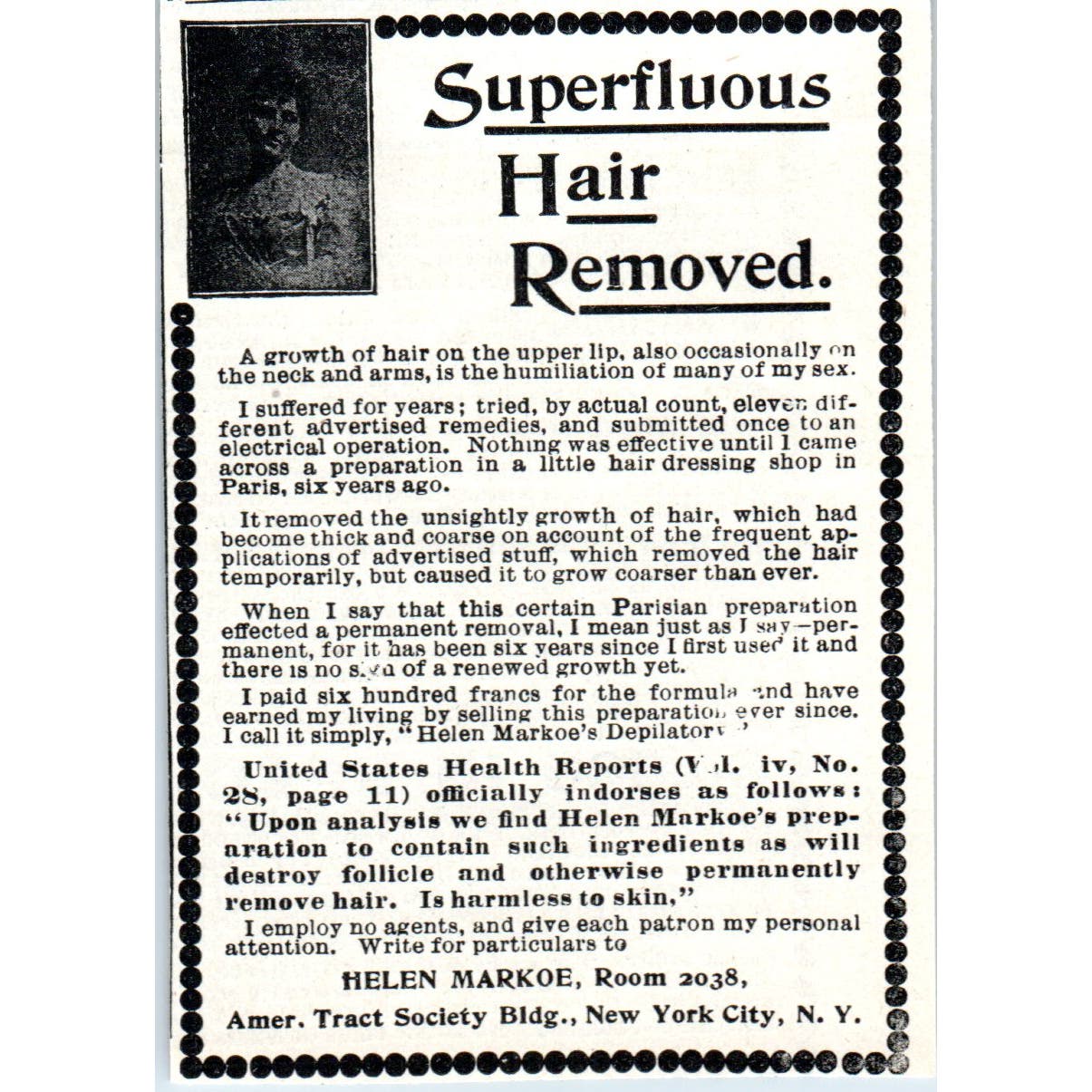 Superfluous Hair Removed Helen Markoe New York 1897 Victorian Ad AE9-TS9