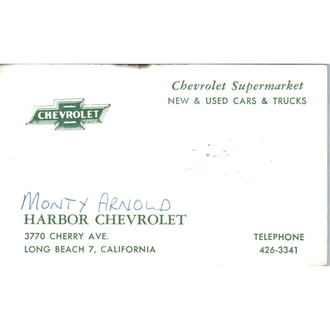 Monty Arnold Harbor Chevrolet Long Beach CA Vintage Business Card SE3-B7