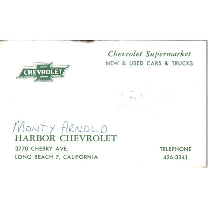 Monty Arnold Harbor Chevrolet Long Beach CA Vintage Business Card SE3-B7
