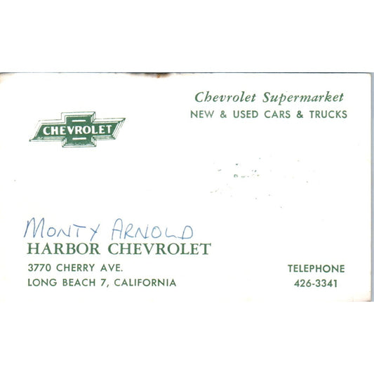 Monty Arnold Harbor Chevrolet Long Beach CA Vintage Business Card SE3-B7