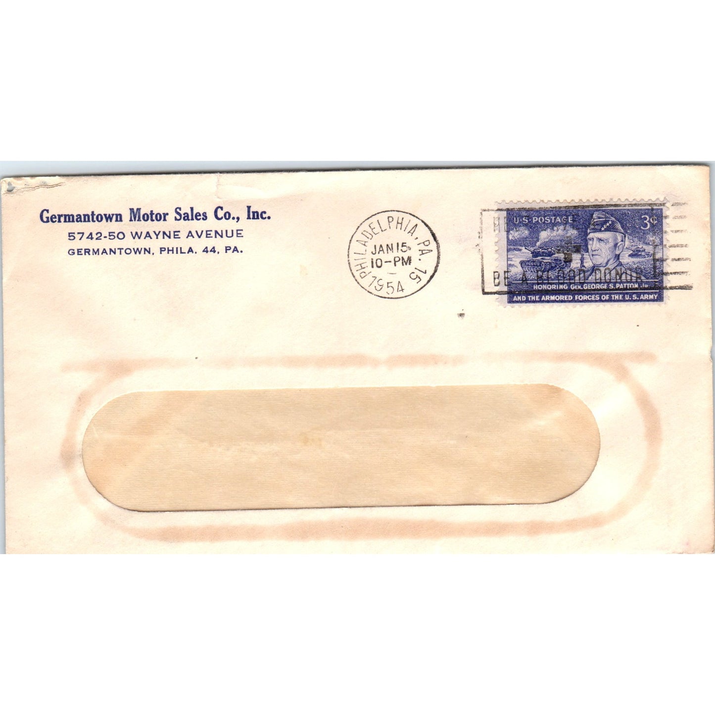 1954 Germantown Motor Sales Co PA Gen Patton Stamp Postal Cover Envelope TG7-PC3