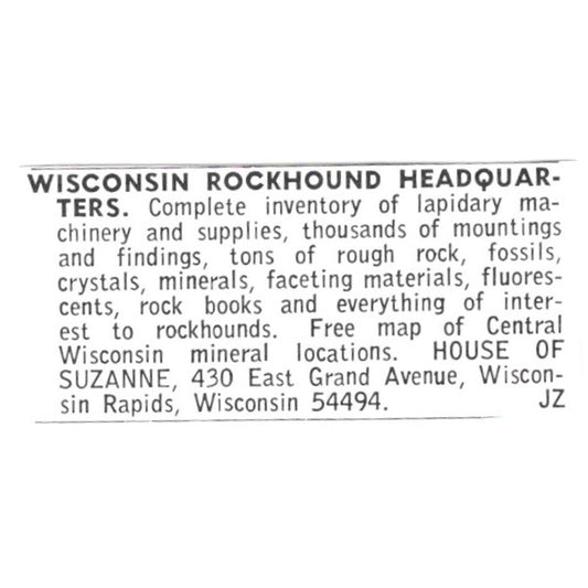 House of Suzanne WI Rockhound Headquarters Wisconsin Rapids 1972 Ad AF8-S24