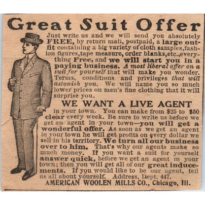 Men's Suit Offer American Woolen Mills Co Chicago 1910 Magazine Ad AF1-CM1