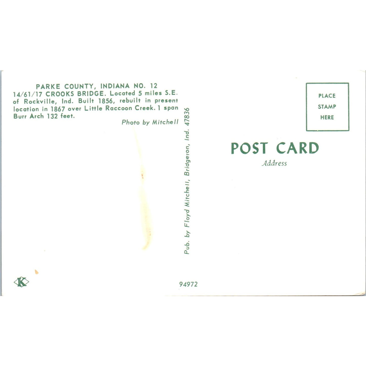 Crooks Bridge Parke County Indiana #12 Covered Bridge Postcard PB10