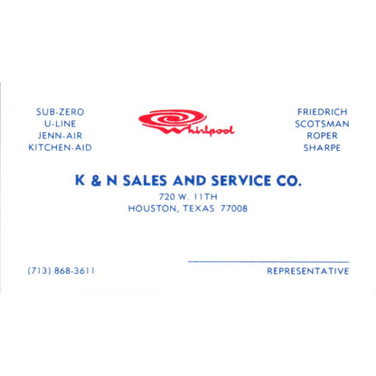 K&N Sales and Service Co Houston TX Vintage Business Card SD8-B13