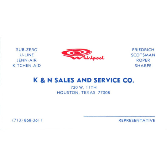 K&N Sales and Service Co Houston TX Vintage Business Card SD8-B13