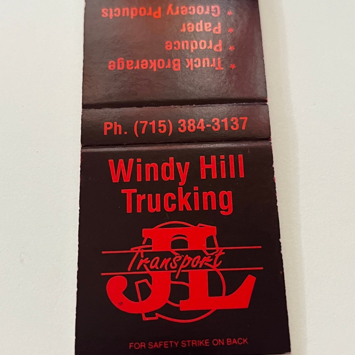 Windy Hill Trucking JL Transport Eau Claire WI Vintage Matchbook Cover TB6-MB2-1