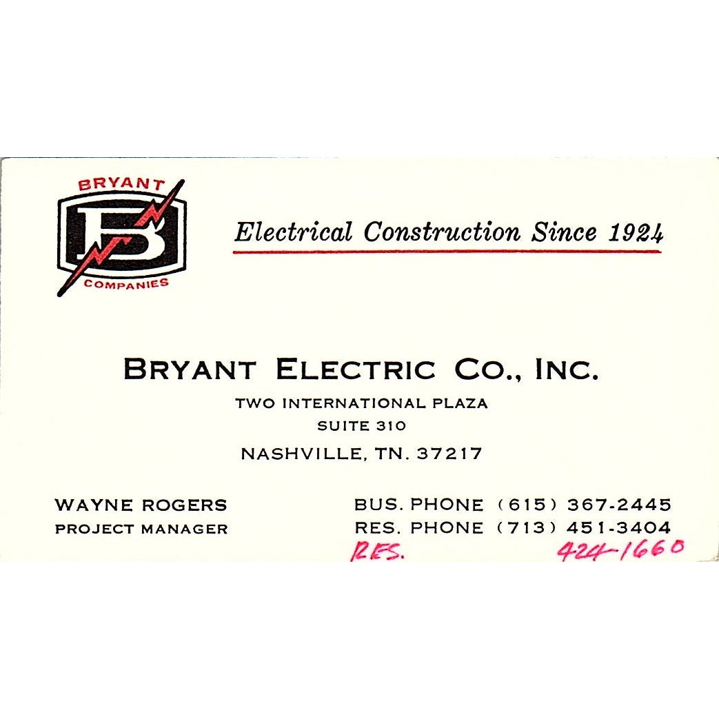 Bryant Electric co Wayne Rogers Nashville TN Vintage Business Card SF3-B6