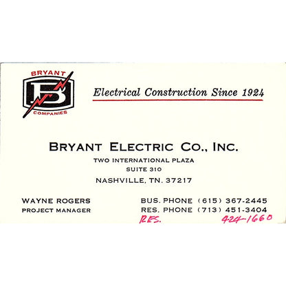 Bryant Electric co Wayne Rogers Nashville TN Vintage Business Card SF3-B6