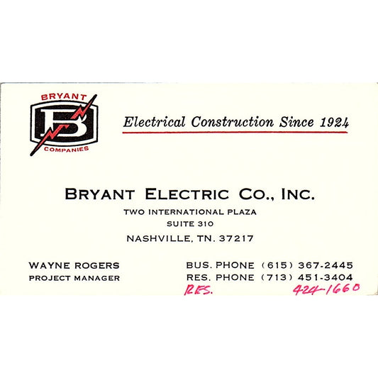 Bryant Electric co Wayne Rogers Nashville TN Vintage Business Card SF3-B6