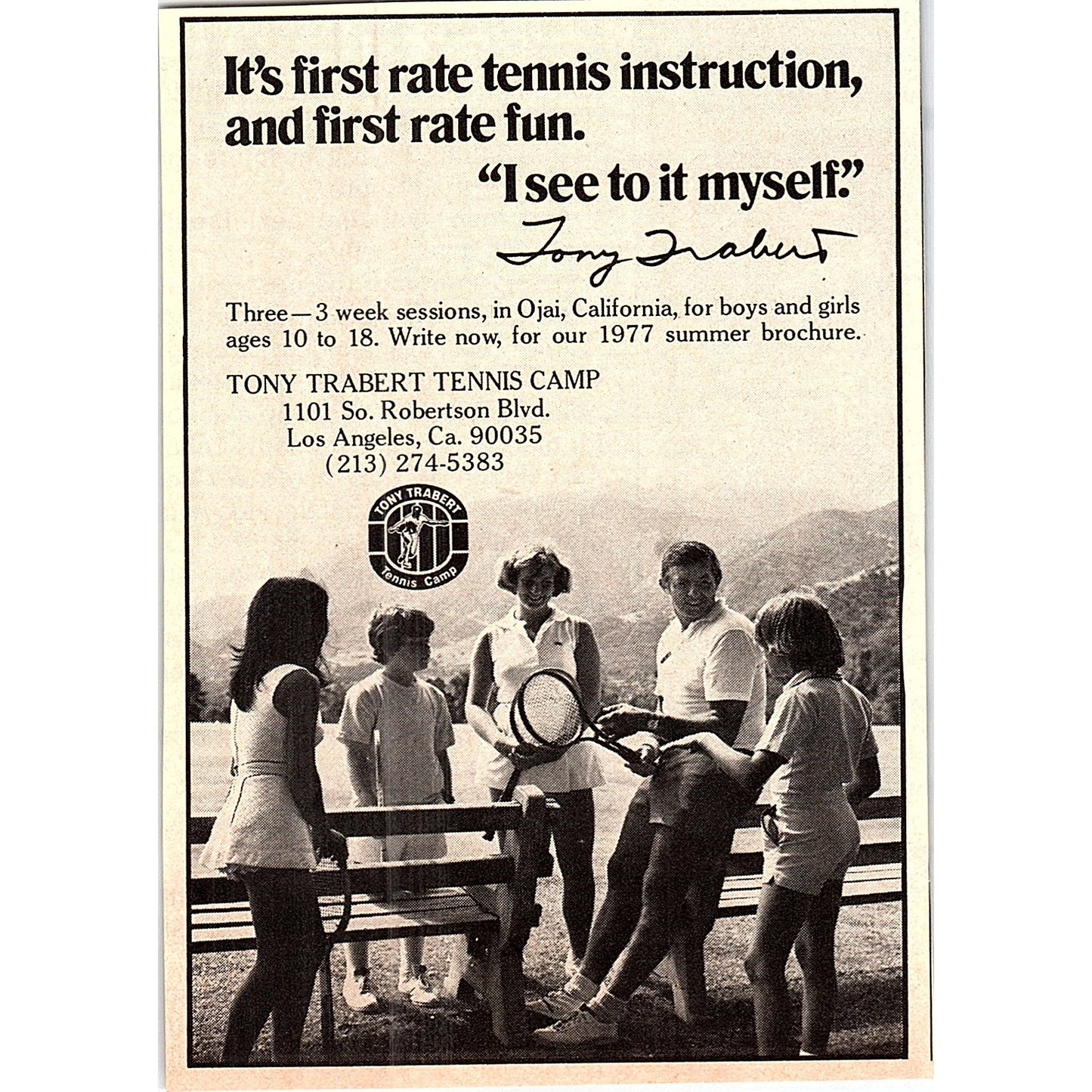 Tony Trabert Tennis Camp Ojai CA 1977 Ad AF3-M1