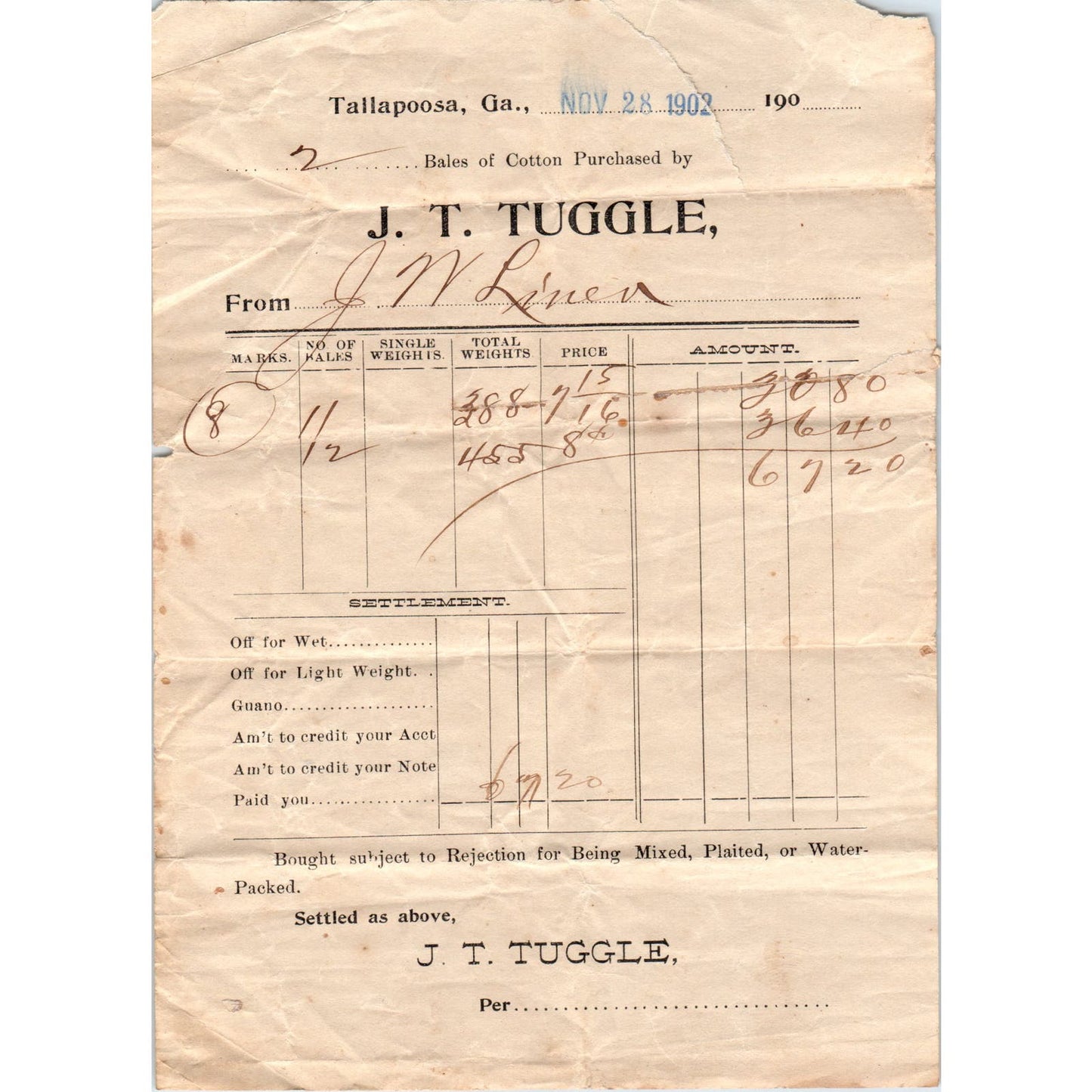 J.T. Tuggle Cotton Tallapoosa GA 1902 Original Billhead Letterhead Receipt D8-LL