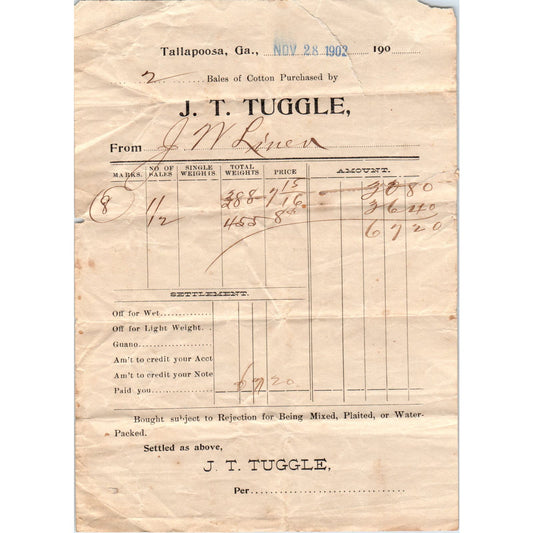 J.T. Tuggle Cotton Tallapoosa GA 1902 Original Billhead Letterhead Receipt D8-LL