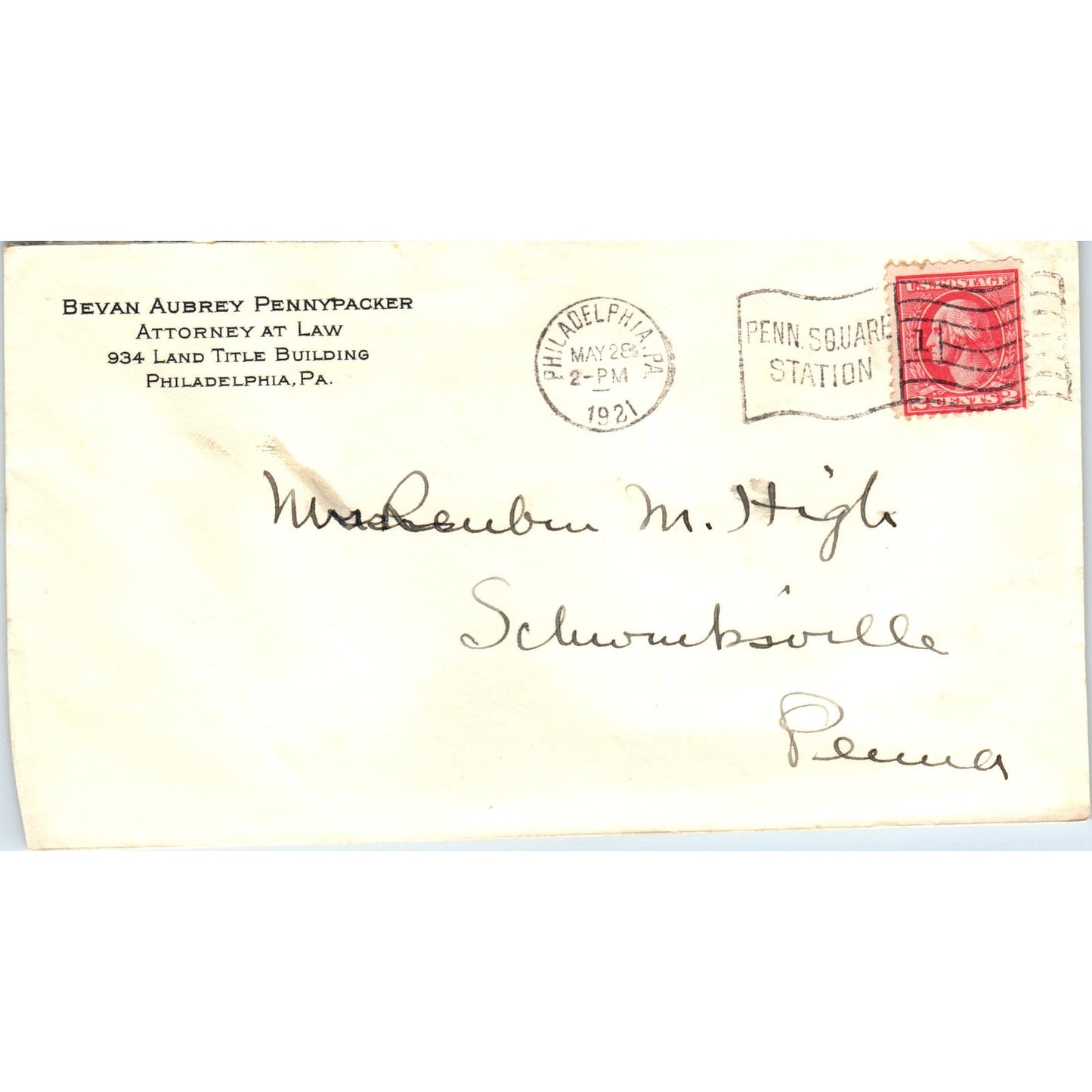 1921 Bevan Aubrey Pennypacker Attorney Philadelphia Postal Cover Envelope TG7PC3