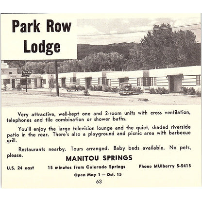 Park Row Lodge, Bel-Air Lodge Manitou Springs CO 1958 Ad AG1-H2