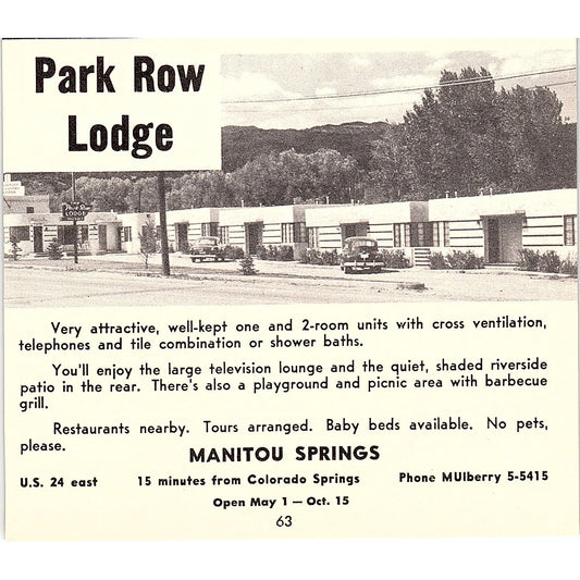 Park Row Lodge, Bel-Air Lodge Manitou Springs CO 1958 Ad AG1-H2