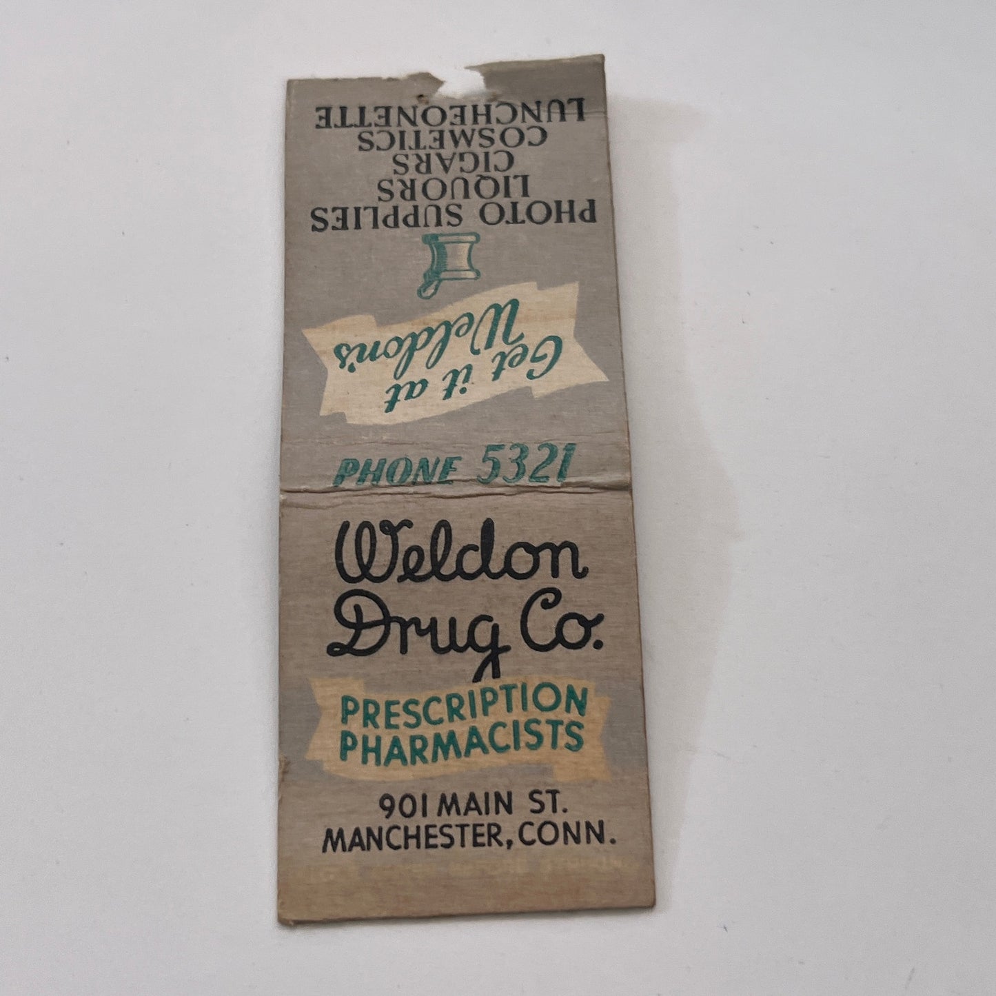 Weldon Drug Co Pharmacists Manchester CT Vintage Matchbook Cover TB8-MB-12