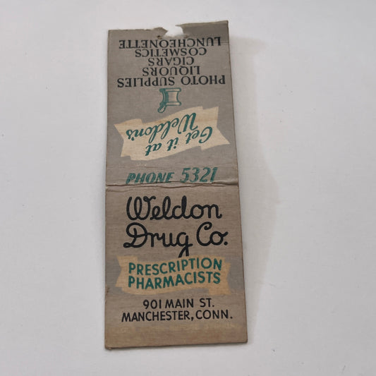 Weldon Drug Co Pharmacists Manchester CT Vintage Matchbook Cover TB8-MB-12