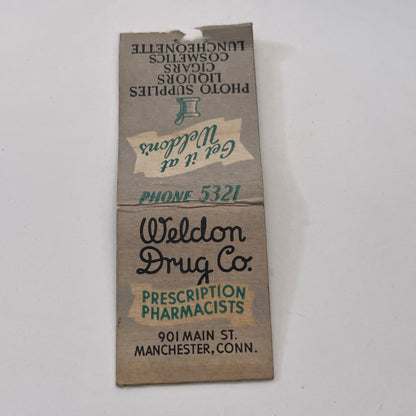 Weldon Drug Co Pharmacists Manchester CT Vintage Matchbook Cover MM2-8