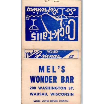 Mel's Wonder Bar Wausau Wisconsin Vintage Matchbook Cover SF4-Y6
