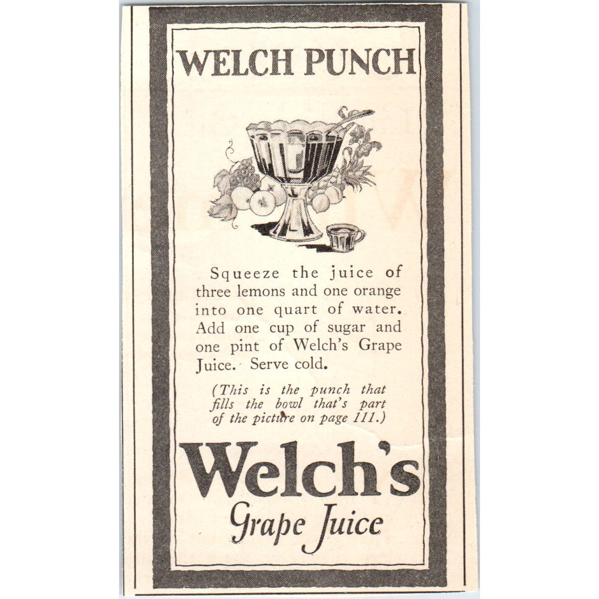 Welch's Grape Juice Fruit Punch Recipe 1924 Magazine Ad AF7-LJ1