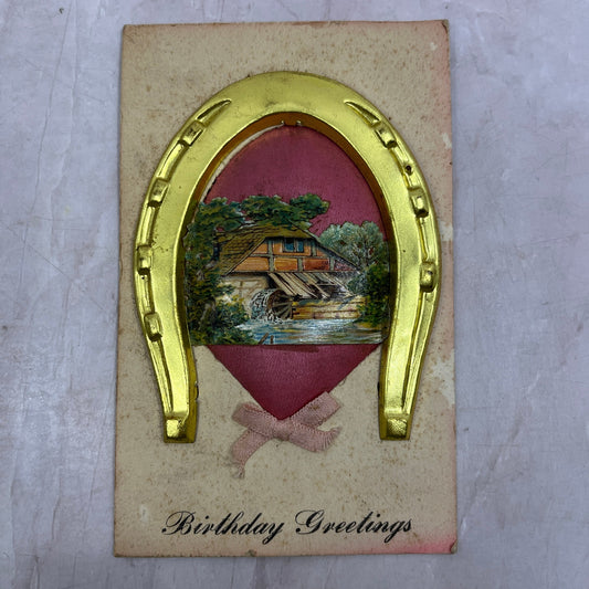 Golden Horseshoe & Fabric Postcard Birthday Good Luck 3D Antique Postcard SF4