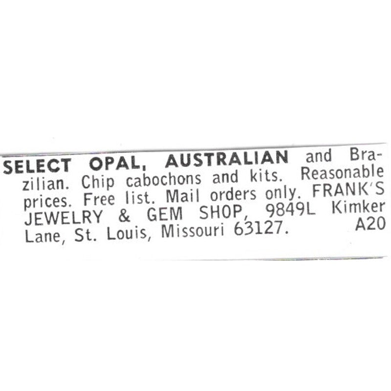 Frank's Jewelry & Gem Shop Select Australian Opal St. Louis MO 1972 Ad AF8-S17