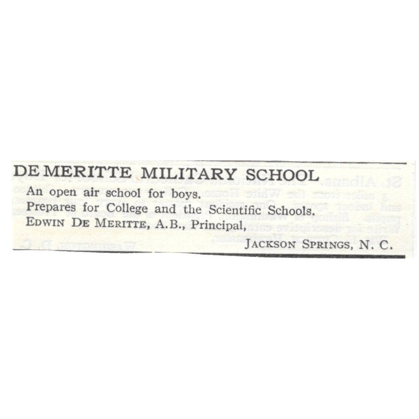 De Meritte Military School Jackson Springs NC Edwin De Meritte c1920 Ad AG4-S2