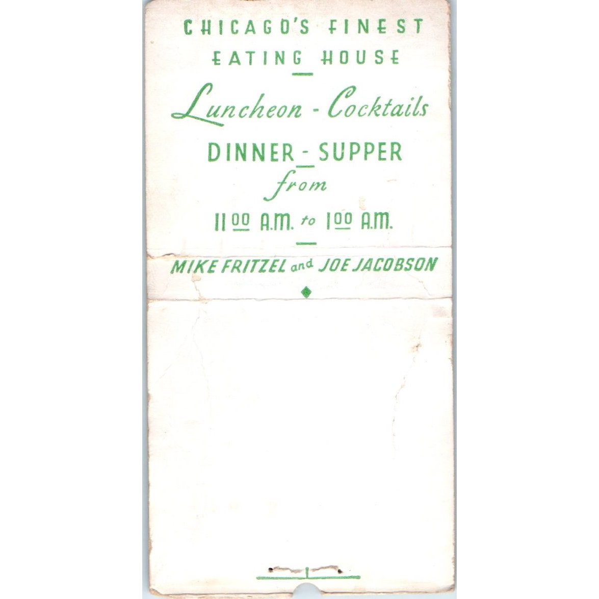 Fritzel's Chicago Mike Fritzel Joe Jacobson Vintage Matchbook Cover SF4-Y6