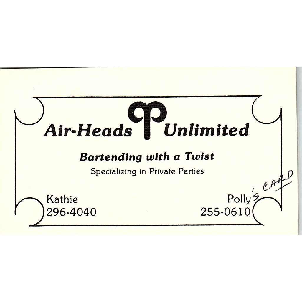 Air-Heads Unlimited Bartending With a Twist Kathie Polly Business Card SD9-B5