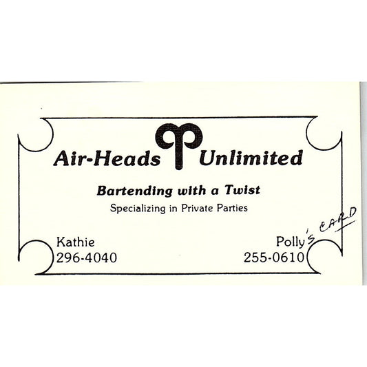 Air-Heads Unlimited Bartending With a Twist Kathie Polly Business Card SD9-B5
