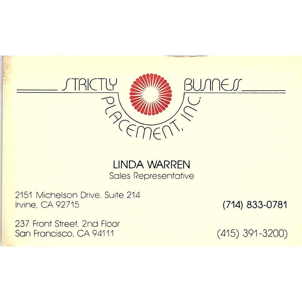 Linda Warren Strictly Business Placement San Francisco Vtg Business Card TH2-B1