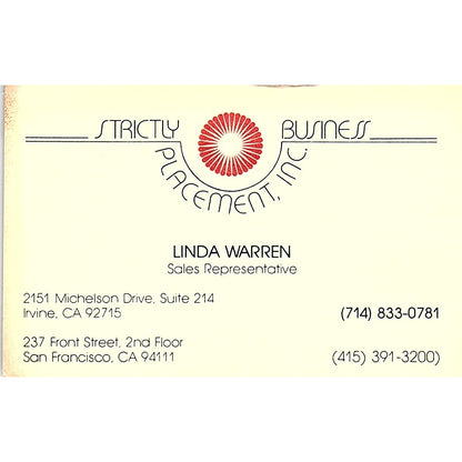 Linda Warren Strictly Business Placement San Francisco Vtg Business Card TH2-B1