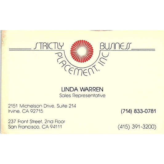Linda Warren Strictly Business Placement San Francisco Vtg Business Card TH2-B1