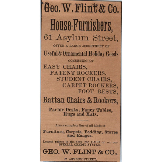 Geo. W. Flint & Co House Furnishers 6 Asylum St 1886 Hartford CT Ad AB8-HT1