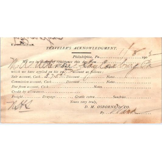 1903 D.M. Osborne Co Philadelphia Traveler's Acknowledgement Note Receipt AE8