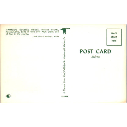 Harmon's Covered Bridge Indiana County PA Plum Creek Covered Bridge Postcard PC7