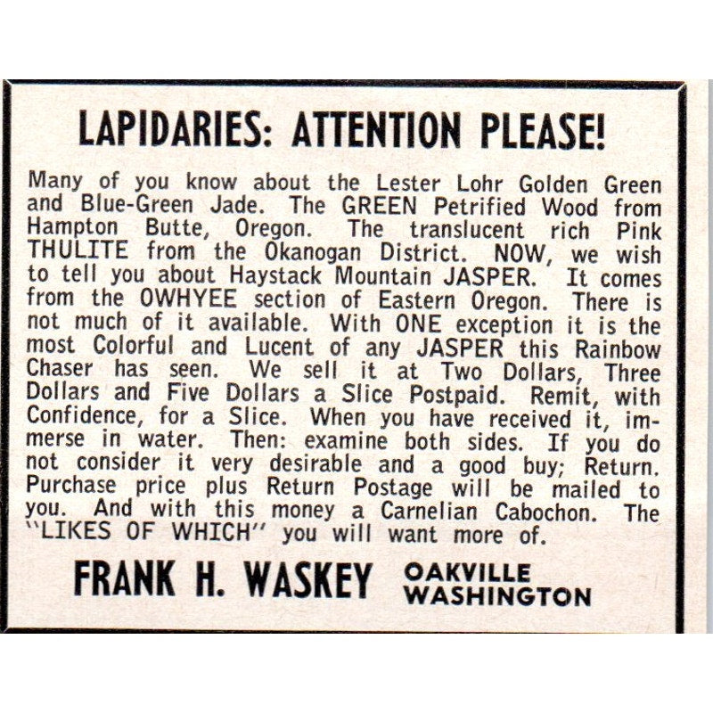 Frank H. Waskey Lapidary & Gem Oakville Washington 1964 Magazine Ad AB6-M1