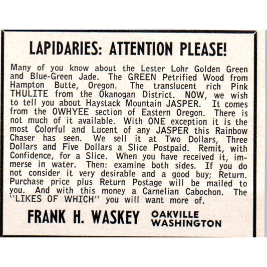 Frank H. Waskey Lapidary & Gem Oakville Washington 1964 Magazine Ad AB6-M1