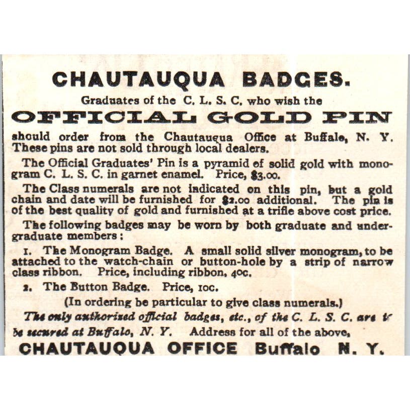 Chautauqua Badges Official C.L.S.C. Gold Pin c1890 Victorian Ad AE8-CH10