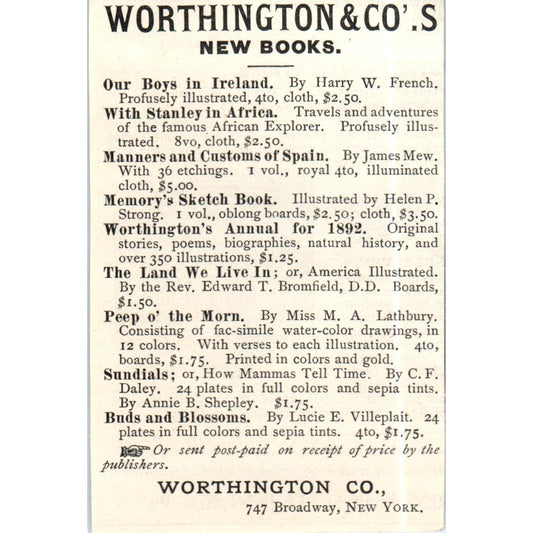 Worthington & Co's New Books NY c1890 Victorian Ad AE8-CH6