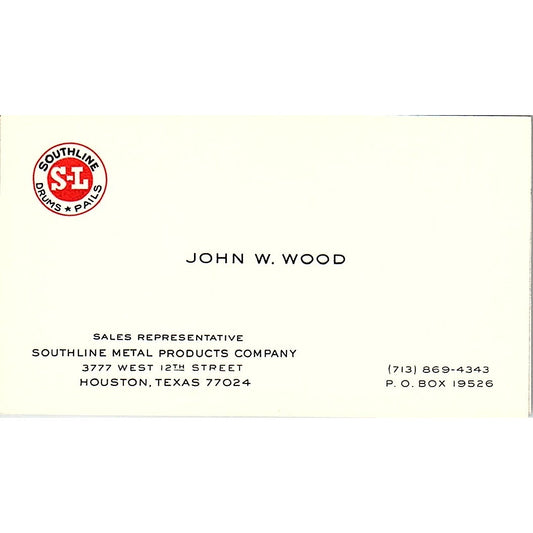 John W. Wood Southline Drums & Pails Houston Vintage Business Card SC9-B12