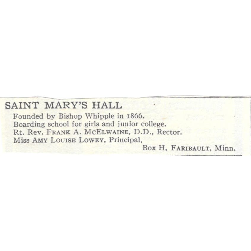 St. Mary's Hall Frank McElwaine Amy Louise Lowey Faribault c1918 Advert AE5-SA10