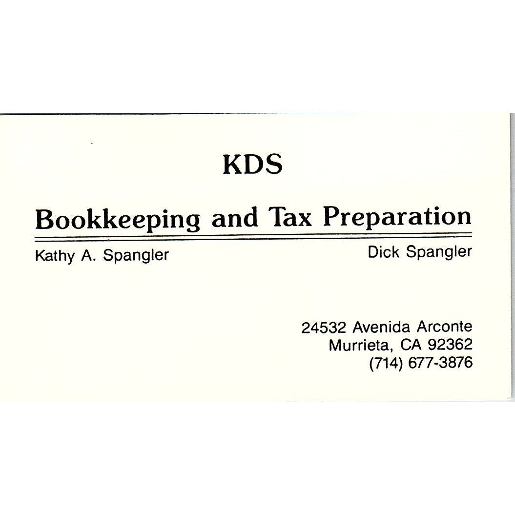 KDS Bookkeeping Kathy & Dick Spangler Murrieta CA Vintage Business Card SC9-B11