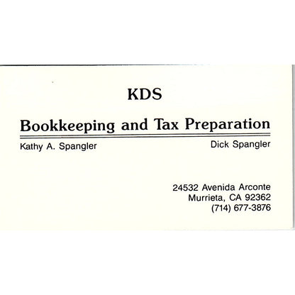 KDS Bookkeeping Kathy & Dick Spangler Murrieta CA Vintage Business Card SC9-B11