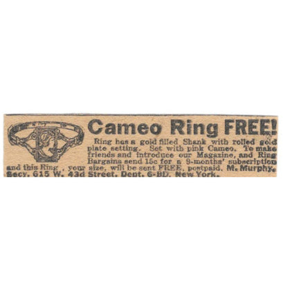 Free Cameo Ring Offer M. Murphy New York 1923 Magazine Ad Clip AE1-8