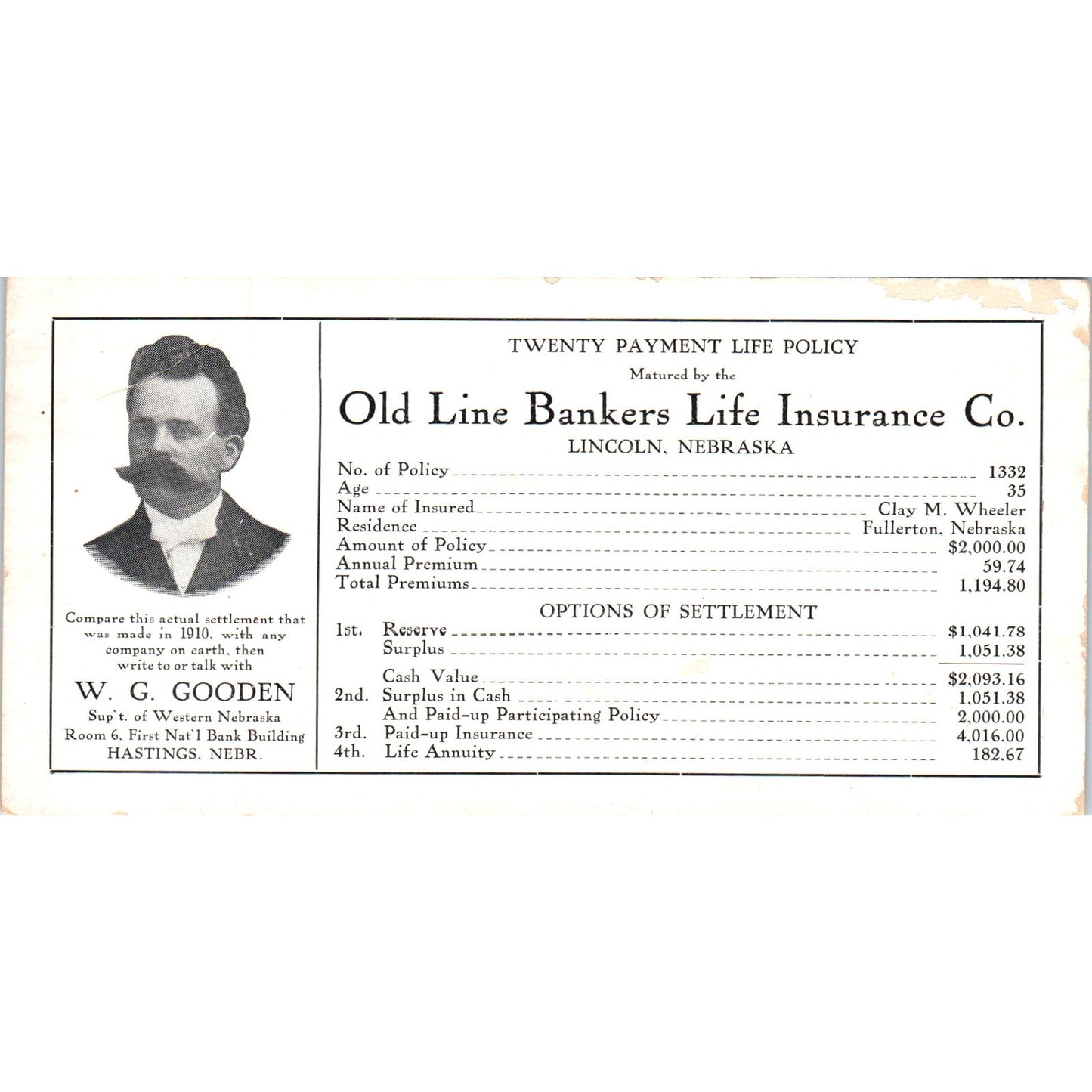 W.C. Gooden Hastings NE Old Line Bankers Life Ins Lincoln NE Blotter Card AD8-R5