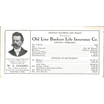 W.C. Gooden Hastings NE Old Line Bankers Life Ins Lincoln NE Blotter Card AD8-R5