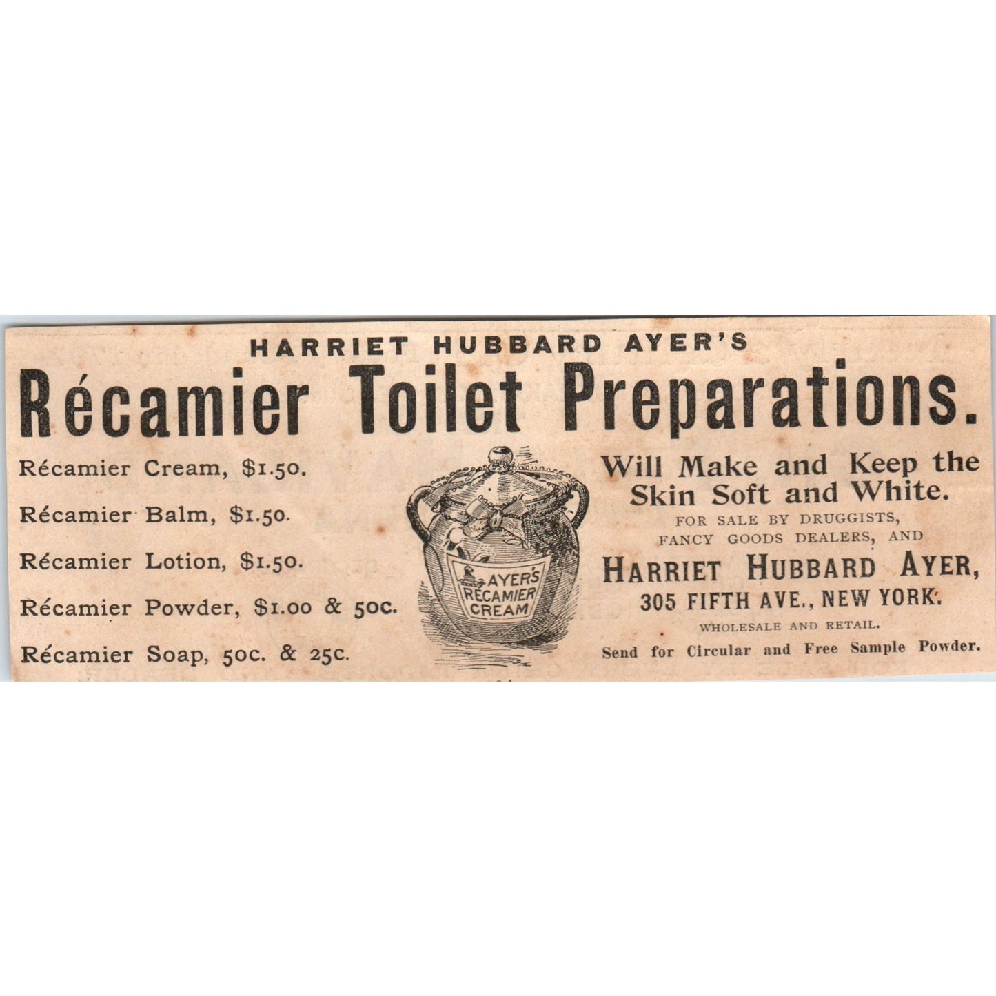 Harriet Hubbard Ayer Recamier Toilet Preparations NY 1892 Magazine Ad AB6-SM1