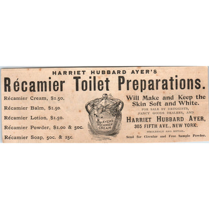 Harriet Hubbard Ayer Recamier Toilet Preparations NY 1892 Magazine Ad AK6-H1